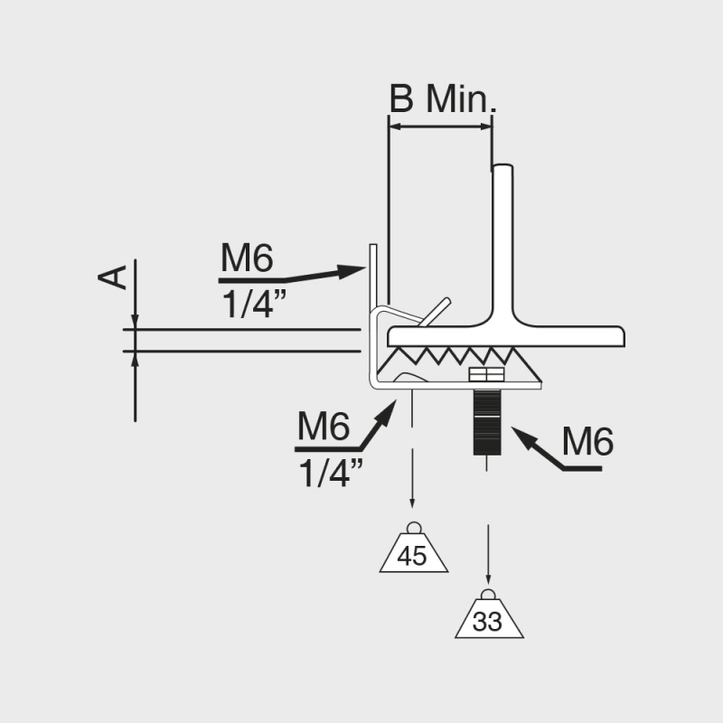 Clip in acciaio fosfatato con vite M6 per pendinatura su travi - immagine 2